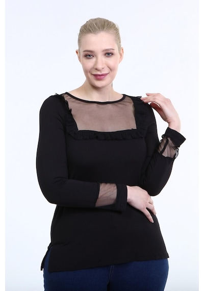 Myline Önü ve Kolları Tül Detaylı Bluz Siyah