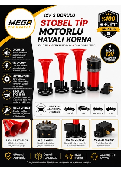 Mega Oto Market 12v 3 Borulu Stobel Tip Motorlu Havalı Korna