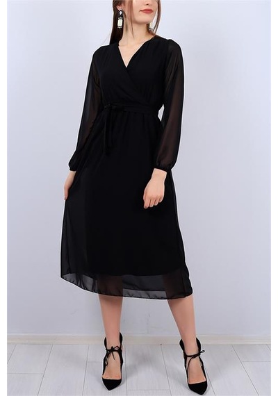 Neşeli Butik Kadın Siyah Kuşaklı Kruvaze Midi Şifon Elbise Nb2023 Siyah