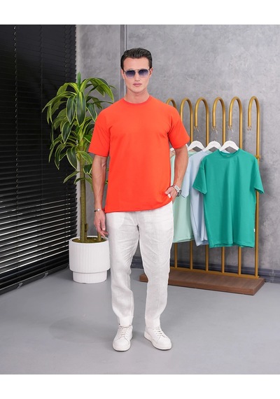 Modefendi Pamuk Likra Yırtmaç Detaylı 2 İplik Oversize Tshirt Somon