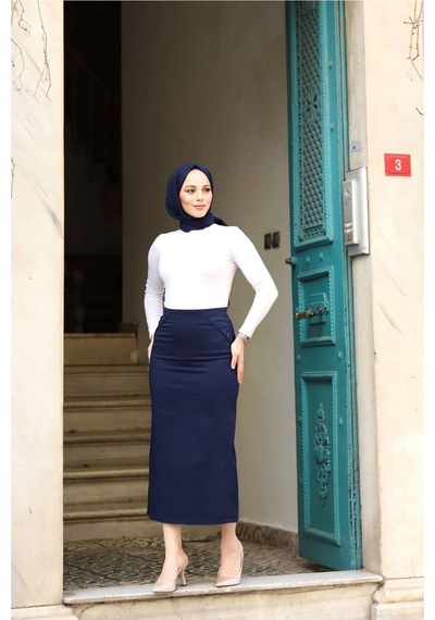 Kumaş Kalem Etek Lacivert Çok Renkli