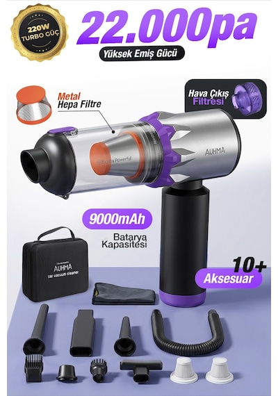 Auhma Ahv-29 Kablosuz Araç Süpürgesi 220w 22000pa Güçlü Vakum & Üfleme Özellikli Şarjlı Oto Süpürge Gri