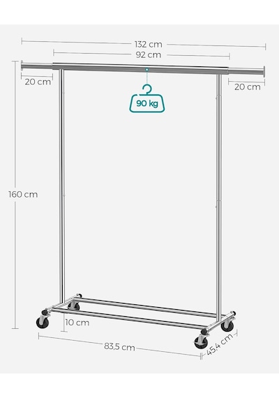 Tekerlekli Elbise Askısı, Ağır Hizmet Tipi Elbise Askısı, Uzatılabilir Elbise Askılı, 90 Kg Yük Kapasitesi, Kolay Montaj, Taşınabilir, Gümüş Hsr13s