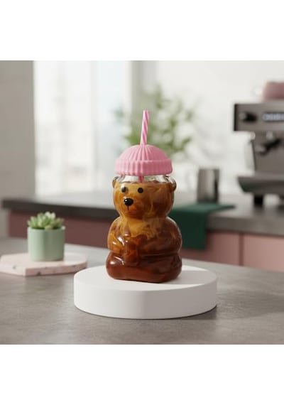 Sevimli Ayıcık Figürlü Borosilikat Cam Bardak 580 Ml - Silikon Kapaklı Ve Pipetli Lüx Barista Soğuk İçecek Bardağı Pembe Açık Ahşap