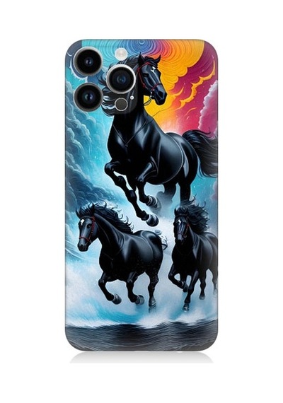 Apple Uyumlu iPhone 14 Pro Max Siyah Atlar Desenli Silikon Kılıf