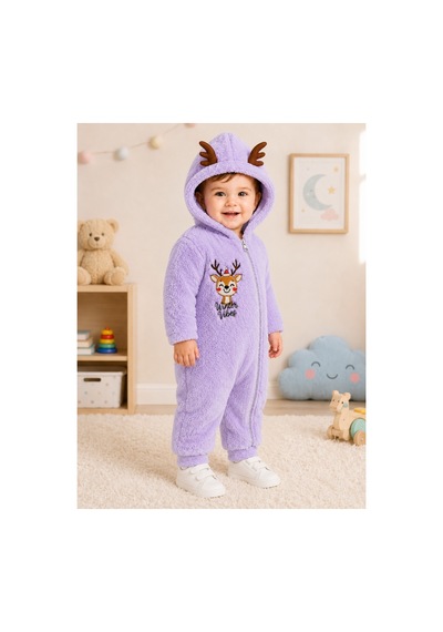 Tatlı Geyik Nakışlı Welsoft Peluş Kapüşonlu Fermuarlı Kışlık Unisex Bebek Tulumu 40212 Lila
