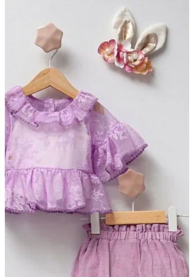 Cantoy Kız Bebek Tül Detaylı Şortlu Taçlı 3'lü Takım Mor
