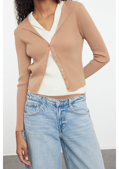Ersefa Kadın Modern Tarz Slim V Yaka Regular Triko Hırka Camel