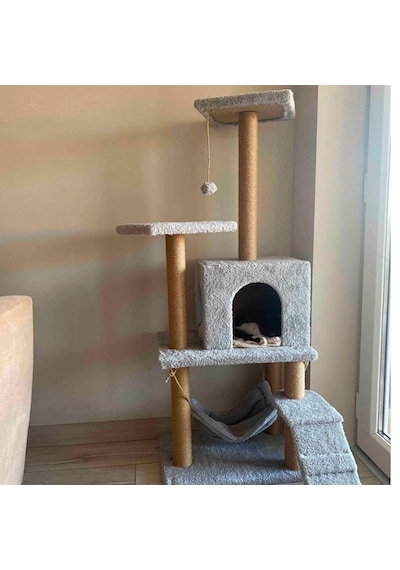 Reyo Pet B-07 Hamaklı Yuvalı Lüx Kedi Tırmalama Oyun Evi Gri