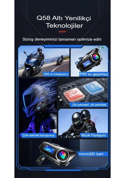 Q58-max Radyolu 2 Kişi Bağlantılı Bluetooth Kask Kulaklık Ekranlı Fenerli Müzik Ve Telsiz Intercom 14088740