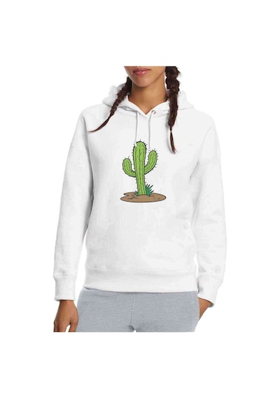 Kaktüs Cactus Baskılı Beyaz Kadın Kapşonlu Sweatshirt