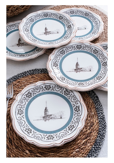 Kız Kulesi Desenli Porselen Pasta & Tatlı Tabağı Takımı İstanbul Motifli 6 Kişilik 6 Parça 21 Cm Beyaz