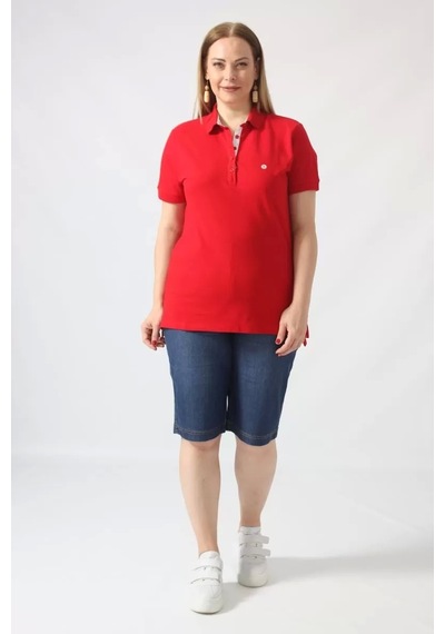 Moda Berray 21305 Kısa Kollu Büyük Beden Lakost Kumas T-shirt Kırmızı Kırmızı