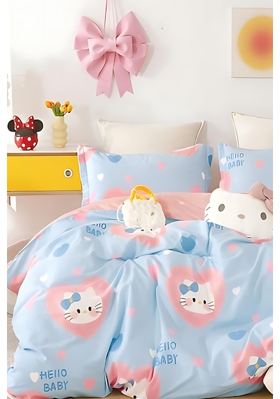İqon Lastikli Çarşaflı Nevresim Takımı Tek Kişilik Hello Kitty Turkuaz Çok Renkli