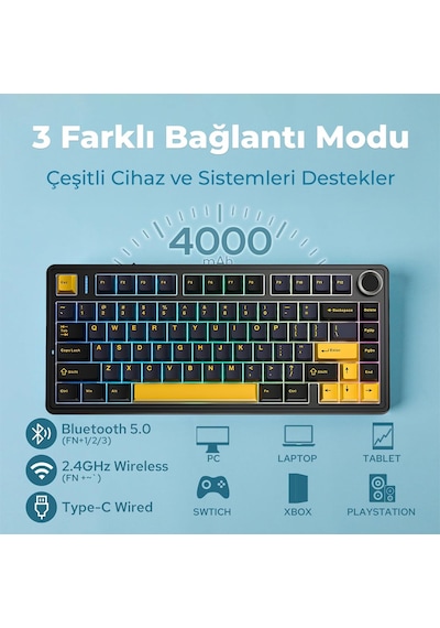 Aula F75 Mekanik Rgb Klavye Tkl Crescent Switch Tri Mode Kablosuz Makrolu Hot Swap Gaming Oyuncu Klavyesi Siyah