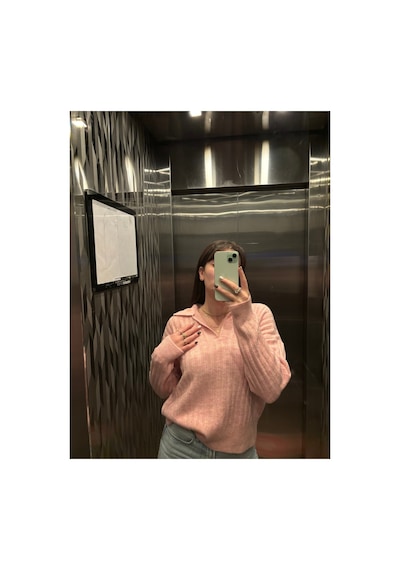 Maison Velora Kadın Pembe Polo Yaka V Yaka Fitilli Oversize Triko Kazak Pudra Pudra