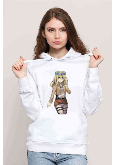 Anime Attack On Titan Baskılı Beyaz Kadın Kapşonlu Sweatshirt (534765772)