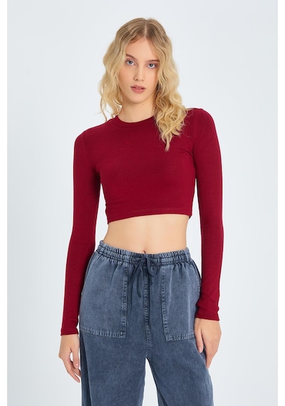 Mixray 2005 Kadın Bisiklet Yaka Parmak Geçmeli Crop Örme Bluz Bordo Bordo