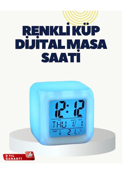 Mey İthalat Termometre Ve Takvim Özellikli 7 Renk Değiştiren Küp Alarm Saati -