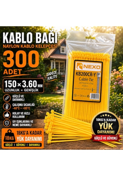 150X3,60mm Kablo Bağı (Cırt Kelepçe) Sarı– 300 adet