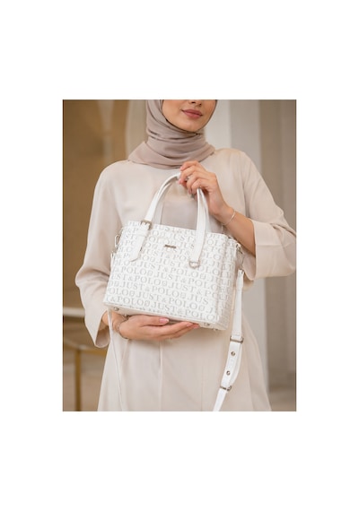 Just Polo Kadın Orta Boy Premium Deri Ayarlanabilir Askılı 3 Bölmeli Şık El & Omuz Çantası Shoulder Bag Beyaz