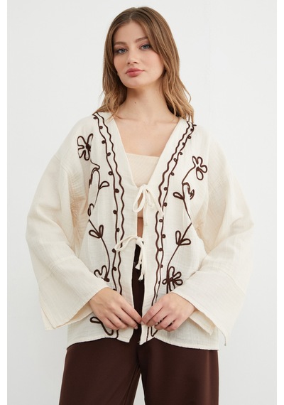 Fullamoda Nakışlı Önü Bağcıklı Keten Görünümlü Kimono Bej