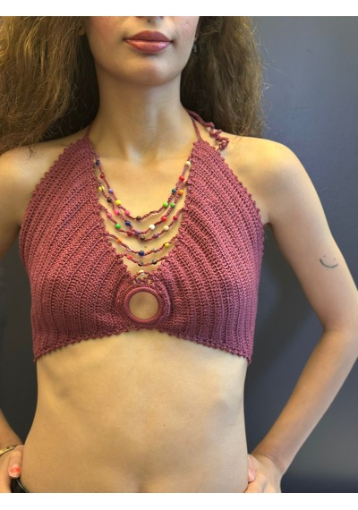 Gönülden Tasarım El Örgüsü Boncuk Kolyeli Kadın Büstiyer Crop Pembe