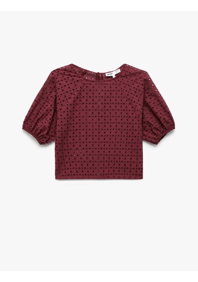 Koton Koton X Melis Ağazat - Pamuklu Astarlı Brodeli Fistolu Kısa Kollu Bisiklet Yaka Bluz Bordo 5sak60406uw Bordo