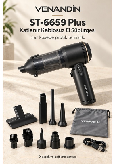 Venandin St-6659 Plus Kablosuz Araç Süpürgesi 16000 Pa, 100w, 3 Kademeli, 200 Ml