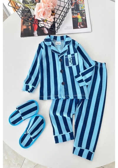 Minigimin Cicileri Çizgi Desenli Terlikli Erkek Çocuk Pijama Takımı - Mavi