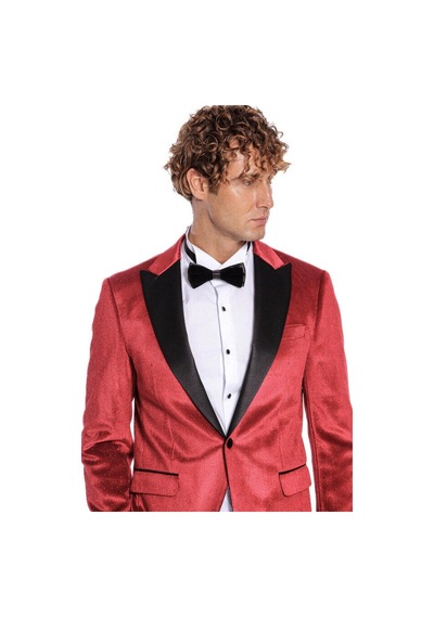 Wessi Simli Slim Fit Kadife Kırmızı Erkek Smokin Ceket - Kırmızı