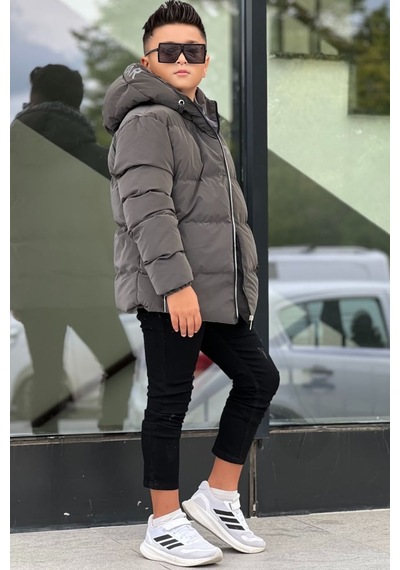 Pina Kids Erkek Çocuk Kapüşonlu Baskılı Reflöktör Detaylı Nova Kumaş Kışlık Şişme Mont Km4017 Füme