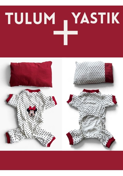 Polka Dot Rouge Minny Kedi Uyku Seti Siyah Beyaz Puantiyeli Penye Kedi Tulumu Ve Mini Yastık 2 Parça