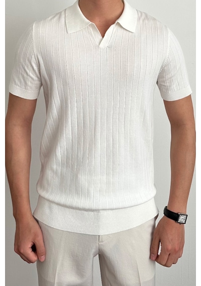 Cool Tarz Erkek Slim Fit Fitilli Polo Yaka Triko T-shirt Beyaz Beyaz