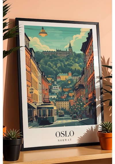 Oslo Norway Vintage Seyahat Posteri Çerçeveli Tablo - Premium İskandinav Şehir Elit Duvar Dekoru Siyah