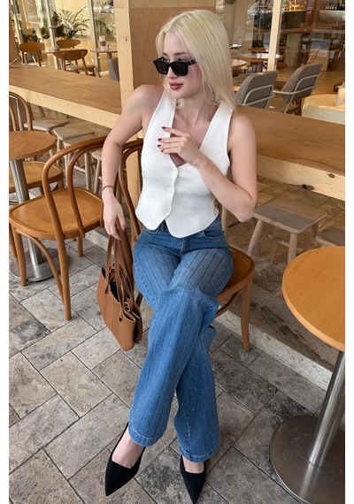 Madmext Mavi Yüksek Bel Likralı Taşlı Kadın Jean Pantolon Mg2271 Mavi