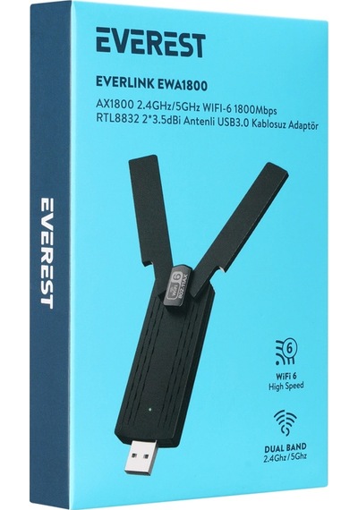 Everest Ewa1800, 1800mbp, 2.4ghz Ve 5ghz Dual Band, Wıfı 6, 2x3.5dbi Anten, Usb3.0, Wıreless Etherne