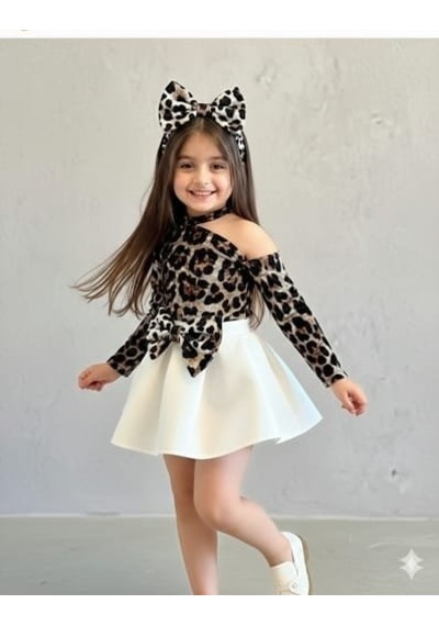 Kız Çocuk Leopar Desenli Ve Fiyonk Detaylı Takım Beyaz