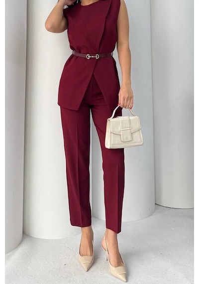 Neşeli Butik Kadın Bordo Kemer Detaylı Yelek Pantolon İkili Takım Nbstr4061