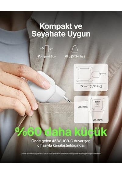 Kompakt Duvar Şarj Cihazı 45 W, Apple İphone 17, 16 And 15 Serisi, Galaxy S25, İpad, Airpods Ve Daha Fazlası İçin Usb-c Güç İletimli Hızlı Şarj, Beyaz