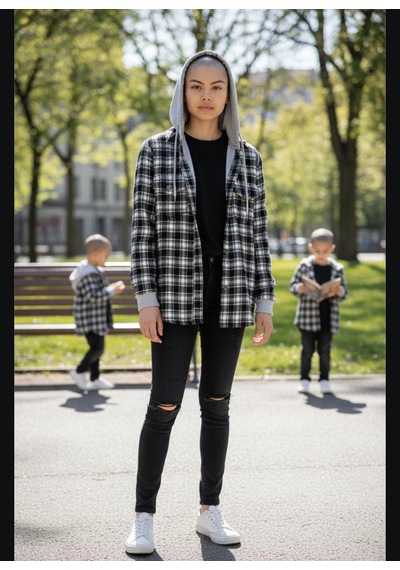 Gala Kolu Lastikli Kapüşonlu Ekoseli Unisex Çocuk Gömlek Siyah