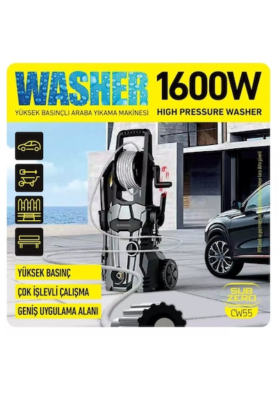 Subzero Cw55 Oto Halı Bahçe Temizleme Ve Yıkama Makinesi 1600w 75 Bar Yüksek Basınçlı 8metre Kablolu
