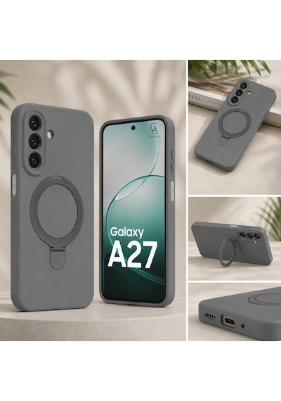 Samsung Galaxy A27 Uyumlu Kılıf M-safe Özellikli Yüzük Standlı Telefon Kılıfı Kapak Titanyum - Gri