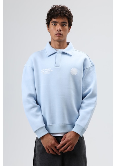 Vamos Polo Yaka Oversize Baskılı Yıkamalı Sweatshirt Bebe Mavi