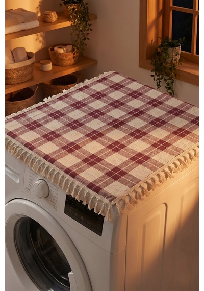 Bordo Vintage Püsküllü Çamaşır Makinesi Örtüsü - Çeyizlik Buldan Bezi Dekoratif Banyo Makine Kılıfı
