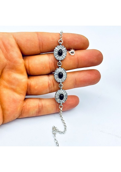 Oval Model Zirkon Ve Oltu Taşı İşçilikli 925 Ayar Gümüş Bileklik Gümüş  - Siyah