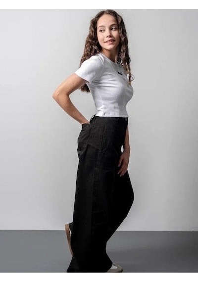 Zekids Kız Çocuk Fitilli Metal Yazılı Yarım Kollu Kaşkorse Crop-15804 Beyaz