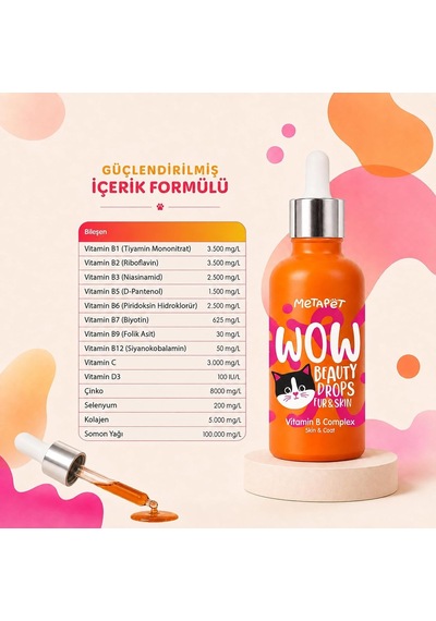 Kedi Tüy Dökülmesi Önleyici Vitamin Damlası, Tüy Dökümü Önleyici, B Complex Biotin Çinko, Kolajen, Balık Yağı - 50 Ml