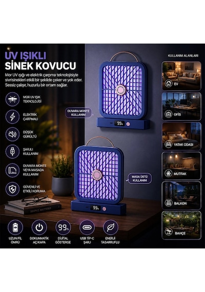 Kullanıma Uygun Uv Işıklı Sinek Kovucu Şarjlı Ve Elektrik Çarpmalı Dijital Ekranlı