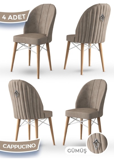 Canisa Ritim Serisi 4 Adet Cappucino Sandalye 1.sınıf Babyface Ithal Kumaş Doğal Ahşap Ayak Gümüş Halkalı Sandalye Cappucino Ayaklar Doğal Ahşap